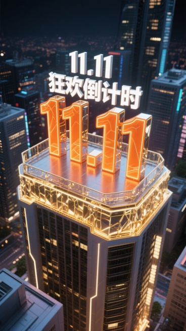 俯视视角，夜晚城市楼宇，顶部文字为“11.11狂欢倒计时”，标题白金鎏金边带玻璃凸纹立体效果，主视觉橙色，高能数字“11.11”3D发光立体，未来主义材质渲染。预览效果
