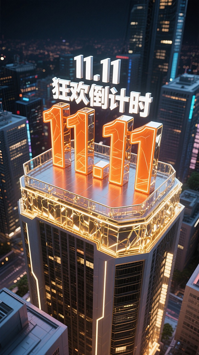 未来感与科技感交织，3D立体“11.11”以鎏金风与霓虹灯风点亮夜空，金属质感建筑顶楼悬浮超级符号，光影交错中尽显奢华与体积感，点燃双十一大促狂欢倒计时。