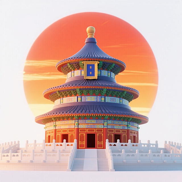 天坛，背后有一个巨型黄昏落日，白色背景。元素完整。