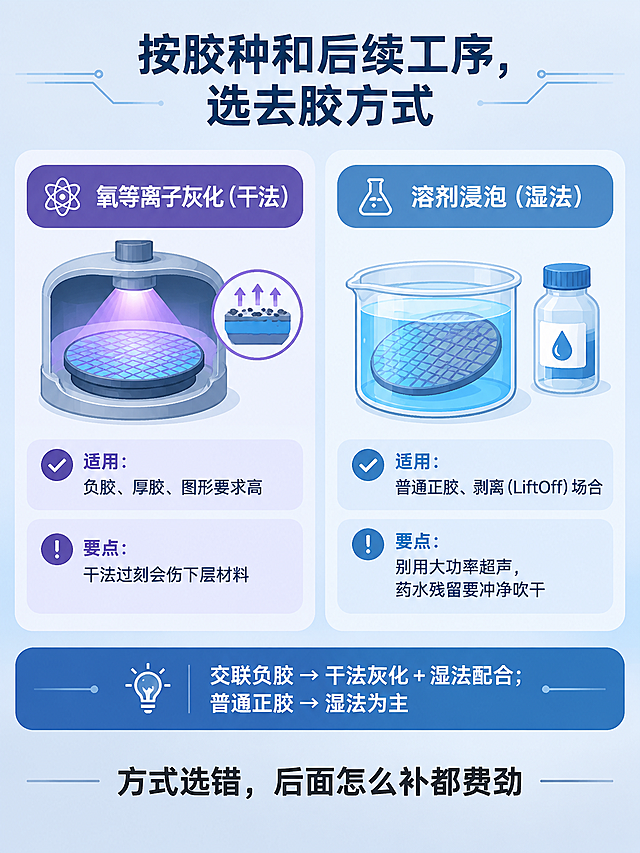 晶圆去胶方式选择对比科普海报，扁平插画风格，科技感专业简洁。背景为浅灰蓝渐变（#EDF1F6 → #D8E2EE，自上而下）。画面顶部标题，深蓝#1F3A5F加粗大字居中，文字内容为"按胶种和后续工序，选去胶方式"。标题下方画面分左右两栏，各在半透明白/淡蓝#E7EDF5圆角卡片内。左栏（物理/干法类，紫系#7B5EA7标识色）：标题"氧等离子灰化（干法）"，适用说明文字"适用：负胶、厚胶、图形要求高"，要点说明文字"要点：干法过刻会伤下层材料"。右栏（化学/湿法类，蓝系#4A7BB5标识色）：标题"溶剂浸泡（湿法）"，适用说明文字"适用：普通正胶、剥离（LiftOff）场合"，要点说明文字"要点：别用大功率超声，药水残留要冲净吹干"。左右两栏中间有一个深蓝#3E6FA8色的提示条，文字内容为"交联负胶 → 干法灰化 + 湿法配合；普通正胶 → 湿法为主"。画面底部有一句话总结，黑色#262626字，文字内容为"方式选错，后面怎么补都费劲"。整体版式精美，左右分栏对比，层级分明，专业科技感。画面中所有文字必须清晰可读，精确渲染。画面中所有信息区域必须填充完整合理的内容，不得出现空白框或占位。