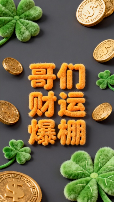 深灰色背景，“哥们财运爆棚”六个橙黄色卡通字体，字体像毛茸茸的玩偶，每一笔画都有细腻绒毛，立体感强，周围环绕着金色的钱币和绿色的四叶草，钱币和四叶草同样毛绒绒，钱币上有古老纹路，四叶草叶片脉络清晰预览效果