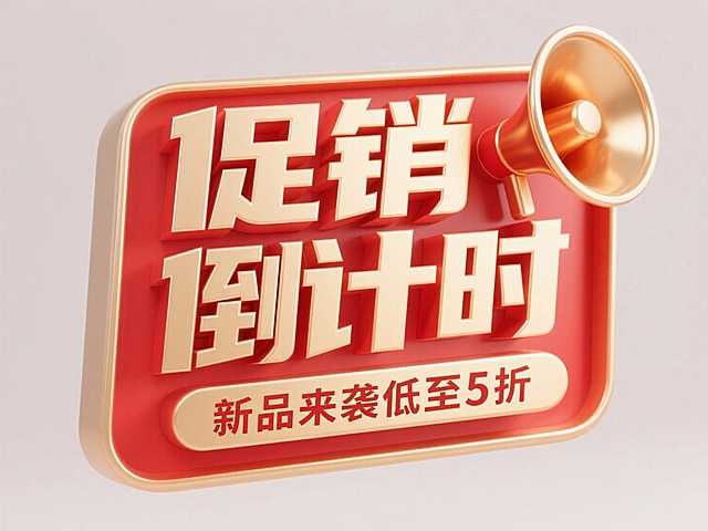 主标题为“促销倒计时”，副标题为“新品来袭低至5折”，喇叭装饰在文本框边上，红金配色