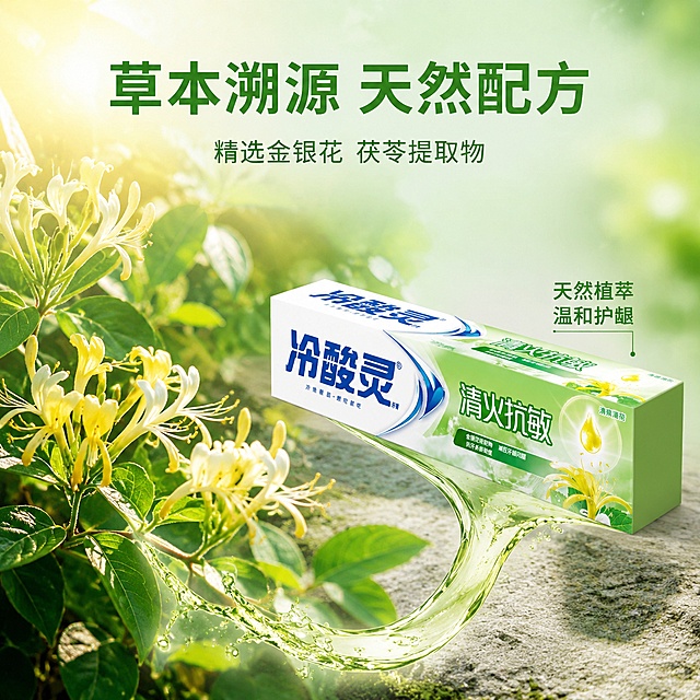 [主图-2] 冷酸灵清火抗敏牙膏草本原料溯源图 金银花茯苓原产地。
[氛围风格] 自然草本溯源风 清新原生态 真实自然。
[画质] 商业摄影质感 光线自然柔和 画面干净高级 真实场景感。
[元素] 画面左侧为真实金银花藤生长场景 绿叶黄花 自然阳光 右侧为冷酸灵清火抗敏牙膏盒 45度斜侧放置 中间有流动的草本精华液体连接原料与产品 背景为浅绿自然虚化背景 有阳光光斑 保持牙膏盒外观即物理结构材质质感颜色与输入产品图绝对一致 杜绝任何变形和色差 精细化处理 商品主体占比约45% 画面满屏无边框。
[光影] 自然阳光从左上方照射 主光温暖柔和 植物有自然光影 产品有柔和轮廓光 整体明亮自然 原生态感。
[配色] 主色调自然绿 阳光黄 白色 辅助色冷酸灵蓝。
[视角构图] 左右分栏构图 左侧原料场景 右侧产品 平视视角 景深中等。
[文字版式] 画面顶部居中主标题草本溯源 天然配方 绿色大号粗体无衬线 下方辅助小字精选金银花 茯苓提取物 约主标题一半高度 颜色略浅 产品旁标注天然植萃 温和护龈 现代无衬线字体 文字清晰可读。
[输出要求] 1:1比例 文字清晰锐利 画面超高清商业摄影质感。
[负向提示词] 变形 文字错乱 产品图模糊 背景杂乱 水印 电商平台Logo 二维码。