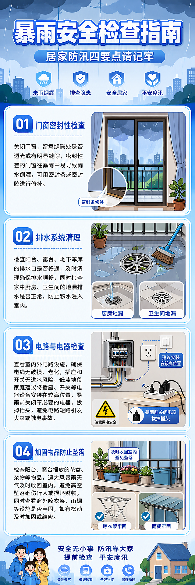 蓝色长图卡通插画风格，图文结合。主标题"暴雨安全检查指南"，副标题"居家防汛四要点请记牢"，整体蓝色系背景，分为四个图文模块：
1. 门窗密封性检查：关闭门窗，留意缝隙处是否透光或有明显缝隙，密封性差的门窗在暴雨中易导致雨水倒灌，可用密封条或密封胶进行修补，配简约门窗卡通插图
2. 排水系统清理：检查阳台、露台、地下车库的排水口是否畅通，及时清理确保排水顺畅，同时检查家中厨房、卫生间的地漏排水是否正常，防止积水漫入室内，配排水口卡通插图
3. 电路与电器检查：查看室内外电路设施，确保电线无破损、老化，插座和开关无进水风险，低洼地段家庭建议将插座、开关等电器设备安装在较高位置，暴雨前关闭不必要的电器，拔掉插头，避免电路短路引发火灾或触电事故，配电路插座卡通插图
4. 加固物品防止坠落：检查阳台、窗台摆放的花盆、杂物等物品，遇大风暴雨天气及时收回室内，避免高空坠落砸伤行人或损坏财物，同时查看窗外晾衣架、雨棚等设施是否牢固，如有松动及时加固或维修，配阳台物品卡通插图
版式分区清晰，每个要点配序号和图标，文字清晰可读，整体排版精美，卡通插画风格，蓝色清新安全氛围，4K画质，所有文案清晰展示不遮挡插图。