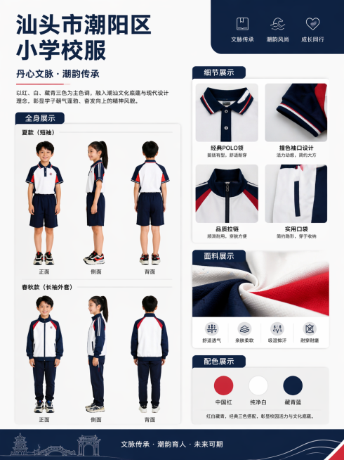 重新设计一张高级感的汕头市潮阳区小学校服宣传海报，基于参考图片中的红、白、藏青三色校服款式，包含短袖夏款和春秋款。海报布局规整清晰，分为多个板块：1. 左侧是小学生模特全身展示区域，展示校服正面、侧面预览效果
