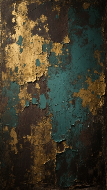 复古做旧风格纹理背景，整体呈现斑驳粗糙的质感，以暗金色、深褐色和青绿色为主色调，色彩相互交融形成不规则的色块与纹理，具有油画般的厚重笔触和颜料堆叠效果，表面带有细微的划痕和磨损痕迹，营造出岁月侵蚀的复古氛围，整体色调深沉而富有层次感，纹理自然随机分布，无明显规律性图案。预览效果