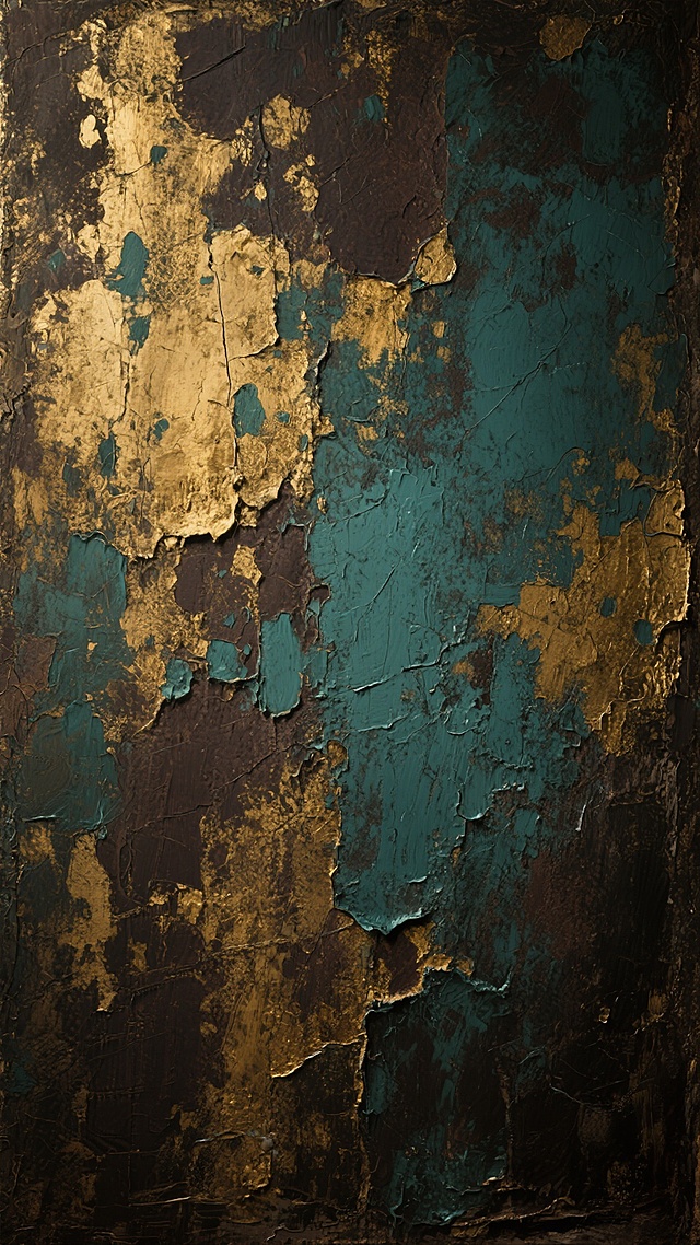 复古做旧风格纹理背景，整体呈现斑驳粗糙的质感，以暗金色、深褐色和青绿色为主色调，色彩相互交融形成不规则的色块与纹理，具有油画般的厚重笔触和颜料堆叠效果，表面带有细微的划痕和磨损痕迹，营造出岁月侵蚀的复古氛围，整体色调深沉而富有层次感，纹理自然随机分布，无明显规律性图案。