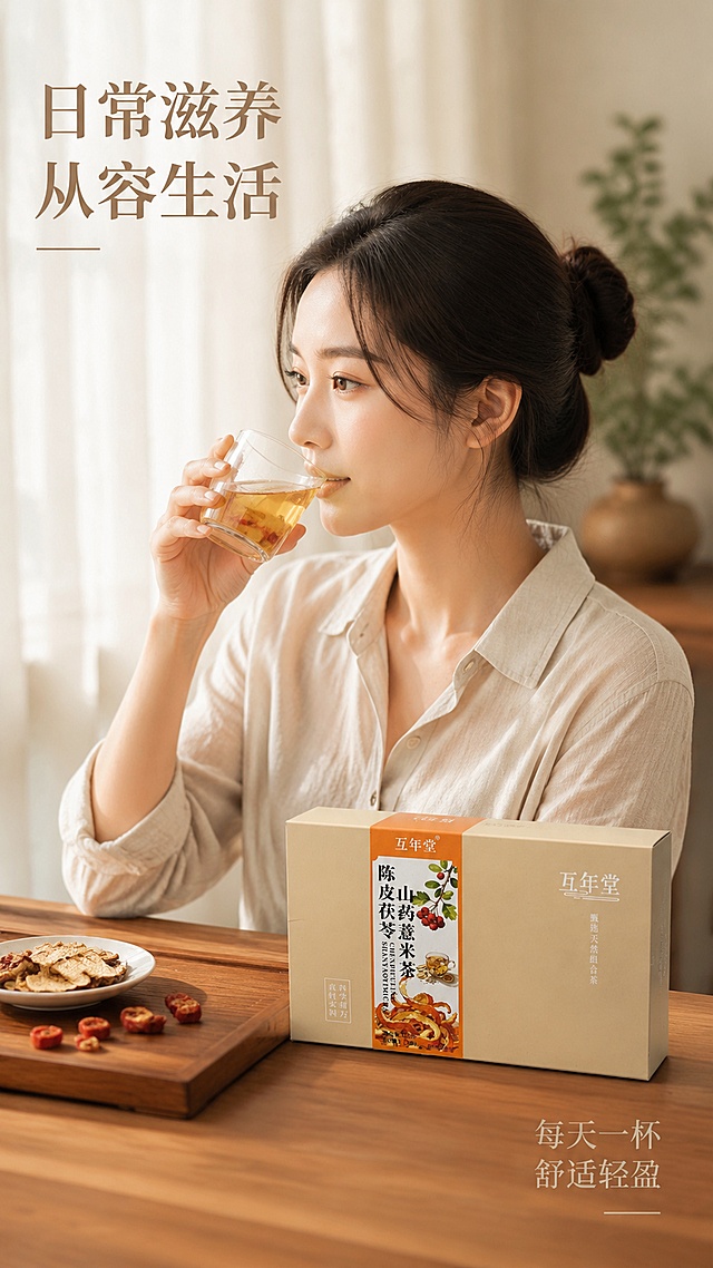 [第5屏] 模特场景展示-年轻女性日常饮用陈皮茯苓山药薏米茶的生活场景。产品包装使用【图1】，保持外观一致。
[氛围/风格] 安静治愈下午茶氛围，温馨自然生活化，柔和光影，东方养生质感。
[元素布局] 半身亚洲女性侧身坐姿，左手持透明玻璃杯饮用，产品包装盒放在桌面右前方，占比约30%；桌面搭配木质茶盘、少量山楂干装饰；背景为浅色棉麻窗帘，景深虚化突出主体；产品包装结构颜色与输入图完全一致。
[光影质感] 侧面柔和自然光，人物面部轮廓柔和，产品清晰突出，整体氛围温馨舒适。
[配色色系] 全局底色 #F5F0E6；主色浅暖卡其；辅助色肤色、木色。
[视角构图] 中景构图，人物肩部以上入镜，产品包装盒清晰可见，重心平衡。
[文字版式] 左上角主标题「日常滋养 从容生活」，右下角小字「每天一杯 舒适轻盈」，字体温润素雅，不遮挡主体。统一使用温润宋体风格。
[比例分辨率] 9:16 竖版比例，4K分辨率，文字清晰可辨，高清画质。
[负向提示词] 产品变形，包装文字错乱，人物畸形，面部模糊，水印，中医药敏感词，医疗化宣传。