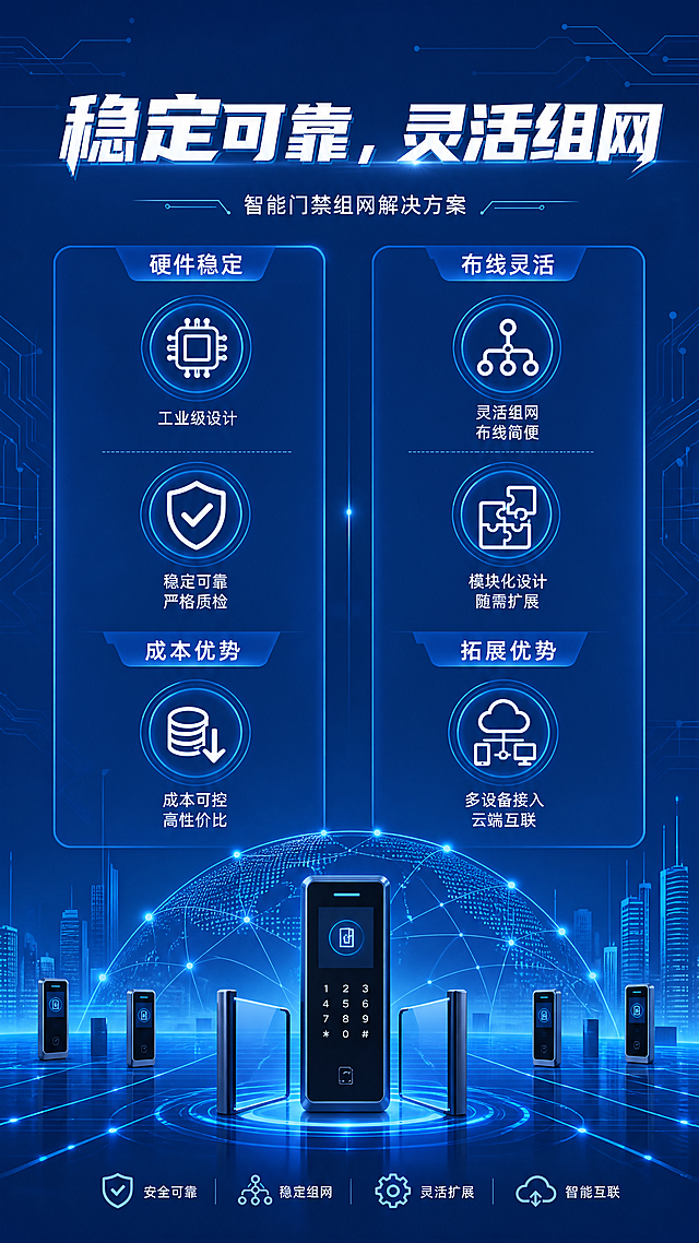 蓝色基调的智能门禁组网宣传竖版海报，现代商务科技风格，顶部放置主标题文字"稳定可靠，灵活组网"，页面分左右两栏展示产品优势，左栏展示硬件稳定和成本优势，搭配简洁图标，右栏展示布线灵活和拓展优势，搭配简洁图标，整体设计简洁清晰，用图标化设计展示卖点，避免大段文字，专业蓝色商务背景