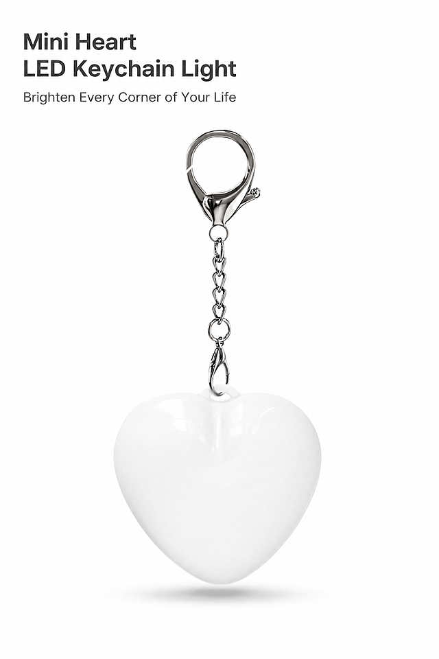 2:3 vertical product detail page, high definition commercial product photography, strict restoration of the uploaded product image including the white glossy heart-shaped LED keychain, silver metal lobster clasp and chain, pure white color, smooth glossy texture, no background clutter, product size ratio kept 1:1 as in the reference image, minimalist luxury aesthetic, soft studio lighting, clean pure white background, product centered with slight top space for text, English headline left-aligned in the top left corner, headline text: "Mini Heart LED Keychain Light", subtitle below headline: "Brighten Every Corner of Your Life", sans-serif font, clean modern typography, subtle drop shadow on text for readability, product displayed from front view with soft shadow below to show depth, high-end e-commerce style, cohesive visual tone, focus on product texture and shape, no extra objects, sharp focus on the product, premium minimalist design. Do not include hands, people, other objects, messy backgrounds, low resolution, blurry images, distorted product shape, changed product color, added text other than the given headline and subtitle, clutter, uneven lighting, overexposure, unprofessional fonts, disorganized layout, cropped product parts, non-2:3 aspect ratio.