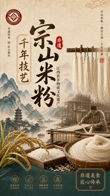 H5封面设计，主题是江西非遗宗山米粉，封面标题："千年技艺 宗山米粉 江西省非物质文化遗产"，国风复古配色，展示米粉原材料和非遗标识，整体简约大气有文化感，尺寸适配移动端竖屏预览效果
