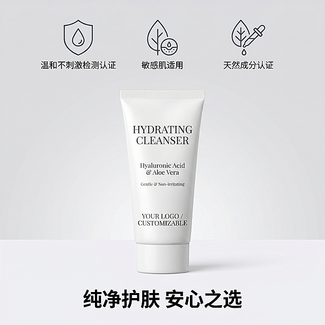 [主图 10] 品牌权威认证展示。[氛围风格] 专业可信，权威背书，简洁高级。[画质] 商业设计展示，清晰正式，细节完整，超高清。[元素] 洁面乳产品放置在画面中心偏下位置，保持原产品外观与输入图片绝对一致，杜绝变形色差。产品上方展示3个权威认证图标，分别是 "温和不刺激检测认证" "敏感肌适用" "天然成分认证"，图标采用极简线稿设计，排列整齐。背景为纯净浅灰色渐变，干净简洁，突出产品和认证信息。产品主体占比约60%，整体构图均衡，画面满屏无边框。[光影] 均匀柔和主光，认证图标和产品都清晰明亮，没有生硬阴影，整体通透干净。[配色] 主色浅灰背景+深灰色图标文字，产品本白，简约高级，低饱和度配色。[视角构图] 中心对称构图，平视视角，均衡稳重。[文字版式] 底部居中放置品牌 slogan "纯净护肤 安心之选"，粗体简洁，不遮挡产品，整体排版稳重可信。[比例分辨率] 1:1 比例，2k 分辨率，文字清晰，超高清。[负向提示词] 变形，水印，文字错乱，产品模糊，背景杂乱，色彩鲜艳刺眼，遮挡主体