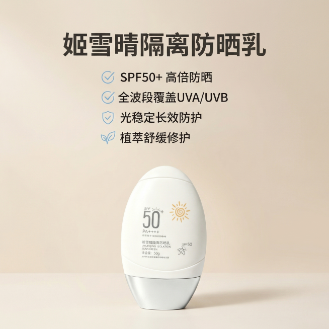 [主图 7] 姬雪晴隔离防晒乳核心优势总结
[氛围/风格] 高级干净，总结背书风格
[画面元素] 商业摄影质感，光线柔和通透，产品清晰真实，画面干净高级。姬雪晴隔离防晒乳放置在画面底部居中，画面上半部预览效果