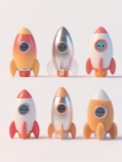 6个不同样式的3D卡通风格火箭，每个火箭拥有独特造型设计和材质表现——如光滑塑料质感、磨砂金属质感、半透明亚克力感、哑光陶瓷感、亮面烤漆感、绒毛布艺感，统一采用圆润可爱的Q版造型，色彩搭配活泼明快且各有特色，保持与示例火箭一致的柔和光影、清晰边缘和轻微立体感，整齐排列在纯白色背景上，彼此间距均匀，构图平衡。预览效果