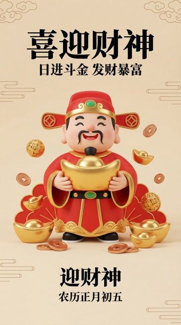 3D卡通渲染，竖版9:16，以正月初五喜迎财神为主题，画面中心是穿红金官服、戴财神帽的3D卡通财神，笑容满面，双手捧着大金元宝；财神周围散落大小金元宝、铜钱、雕花金绣球，背后是红色花型底衬，整体造型圆预览效果