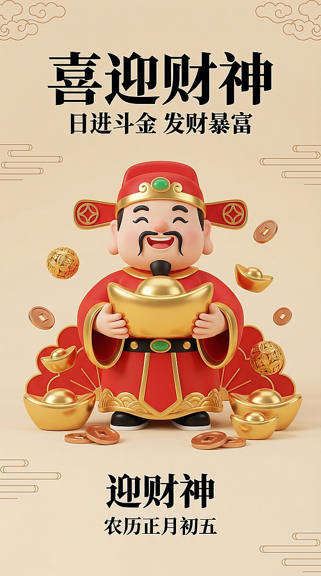 喜庆感十足的软3D风财神形象，融合卡通感与重拟物设计，鎏金元素点缀，金属质感突出，传递农历正月初五迎财神的吉祥氛围。