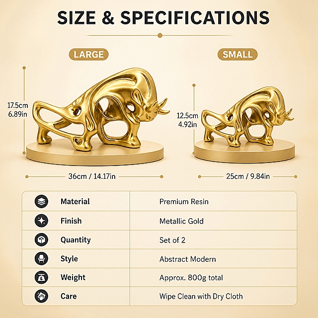 [商品] 使用【图1】金色抽象公牛摆件（大小两件套）；保留镂空抽象公牛造型、金色珠光质感、流畅曲线结构；商品处理：去除背景中的电脑、键盘、桌面杂物，保留产品本身的颜色、材质、结构和比例，增强金色金属光泽。
[画面] 页面目标：尺寸规格页，清晰展示大小两款尺寸对比与规格参数。构图：上下结构，上半部分左右并排放置大号与小号公牛，各带尺寸标注线；下半部分规格信息表。景别：中景，两款产品正面侧45度展示。产品下方有浅金色圆形底座衬托。背景为浅米金渐变。阅读动线从上到下，先看尺寸对比再看参数表。
[视觉] 套系策略：风格=跨境极简轻奢商业摄影；标题字=现代无衬线粗体；正文字=简洁无衬线体；主色=暖金色；背景延展=基于暖金做米白到浅金渐变、同色深浅层级和细腻哑光纸张质感；强调色=深炭灰，仅用于小面积图标、引线和标签；标题色=深炭灰；正文色=中暖灰；组件=圆角浅金信息卡、细金线尺寸标注线、简约表格；光影=正上方均匀暖柔光，产品底部带柔和投影。
[文字] 顶部居中主标题，两款产品上方分别标注Large和Small，尺寸线标注长度与高度（大号36cm长/14.17in，17.5cm高/6.89in；小号25cm长/9.84in，12.5cm高/4.92in）。底部规格表包含：Material=Premium Resin，Finish=Metallic Gold，Quantity=Set of 2，Style=Abstract Modern，Weight=Approx. 800g total，Care=Wipe Clean with Dry Cloth。所有文字横向排版，英文，公制与英制对照。
[规格] 图片比例1:1正方形，4K分辨率，负向提示：避免变形、错字、文字过小、冷蓝背景、产品颜色改变、结构失真、背景出现电脑键盘、中文文字、价格信息、二维码、尺寸标注错误。