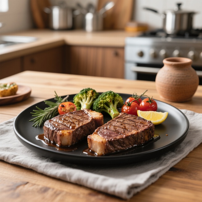 高清美食摄影，两块香煎菲力牛排，表面焦香微焦，纹理清晰，淋有光泽的酱汁，置于黑色圆形餐盘中，搭配烤西兰花、烤小番茄、柠檬片和迷迭香，木质餐桌上铺有浅灰色餐布，背景为温馨的厨房环境，有不锈钢厨具和陶罐，柔和的侧光营造温暖氛围，色彩真实自然，食物质感细腻，构图饱满，突出食材的新鲜与美味。预览效果