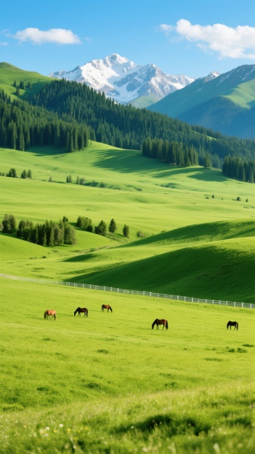 一张展现广袤草原风光的背景图，画面以写实主义摄影风格呈现，色彩明亮饱和，绿色的草原层次丰富，近处是鲜嫩的草绿色，远处逐渐过渡为深绿色的森林和墨绿色的山脉，山顶覆盖着皑皑白雪，天空湛蓝，飘着几朵白云，光线柔和，呈现出宁静祥和的氛围。草原上有几匹马在悠闲地吃草，远处的山坡上有一些树木，山坡下有一道白色的栅栏，整个画面构图开阔，层次分明，给人一种心旷神怡的感觉。预览效果