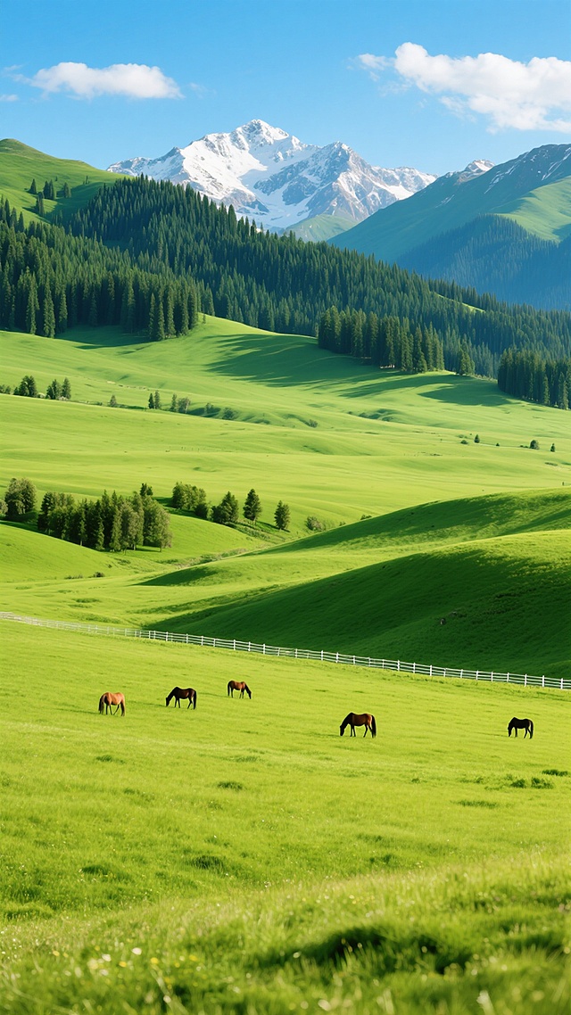 一张展现广袤草原风光的背景图，画面以写实主义摄影风格呈现，色彩明亮饱和，绿色的草原层次丰富，近处是鲜嫩的草绿色，远处逐渐过渡为深绿色的森林和墨绿色的山脉，山顶覆盖着皑皑白雪，天空湛蓝，飘着几朵白云，光线柔和，呈现出宁静祥和的氛围。草原上有几匹马在悠闲地吃草，远处的山坡上有一些树木，山坡下有一道白色的栅栏，整个画面构图开阔，层次分明，给人一种心旷神怡的感觉。