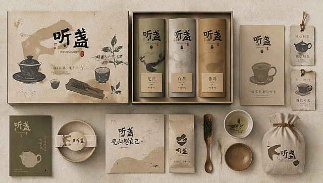参考这个logo「图片1」以“听盏”为中式茶铺（主做茶品，手做糖水铺）品牌名称，做一套茶铺品牌VI视觉设计。
配套宣传短句：
一盏清茶，一碗甜香
闲坐听盏，茶甜两相欢
水声入盏，甜润心安
清茶涤烦，甜羹慰心
慢煮甜汤，静品香茶
设计包含茶叶礼盒、茶叶罐、茶包，纸杯、手提袋、杯垫、卡片、菜单、香薰蜡烛、线香、茶壶、茶杯，徽章，采用简洁整齐的平铺布局，呈现统一的品牌标识与风格，专业的品牌视觉氛围 ，突出产品多样性与品牌一致性，背景干净 ，元素沿用「图片1」中的元素，要求趣味，创意构图，极简，抽象艺术，潦草，颗粒感，粗砺写意，线条，色块，比例失调，故事感，情绪叙事，先锋前卫艺术，不完美，缺憾美，充满想象的构图，内容简洁，极简美学意境，粗旷颗粒感强，趣味抽象，整体参考图「图片1」「图片1」「图片1」「图片1」「图片1」