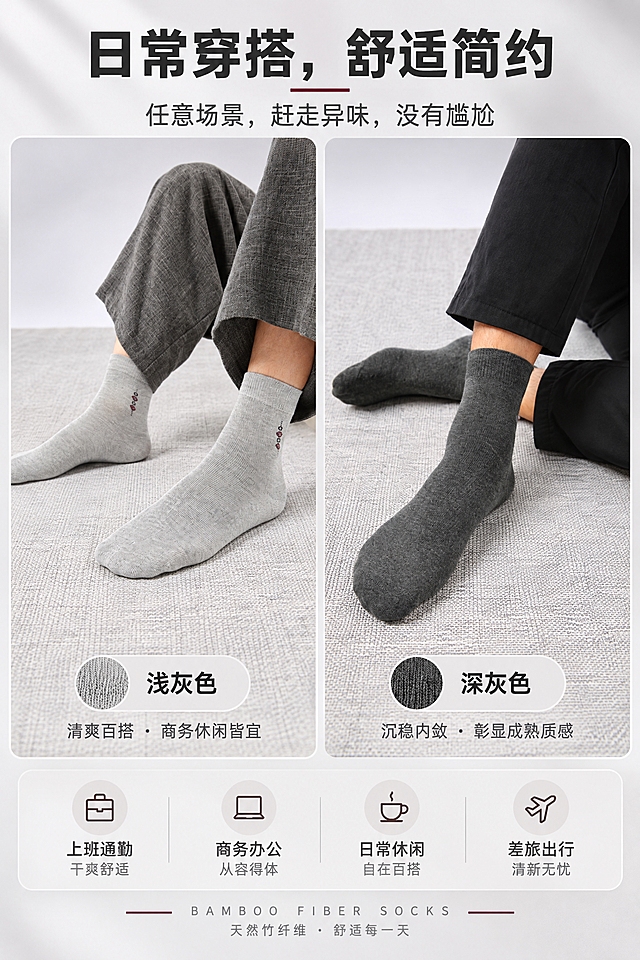 [商品] 使用【图2】浅灰色款和【图7】深灰色款竹纤维商务男袜模特上脚图；完整保留两款袜子原生针织纱线纹路、织物颗粒、原有提花图案、自然褶皱，袜子材质质感完全沿用实拍素材，不重新绘制袜子，不抹平面料细节，只匹配环境光线，真实实拍感，禁止过度修图；保留两款袜子颜色、版型和提花图案差异。
[画面] 页面目标：颜色分类与日常穿搭展示；构图：上下分栏或左右并列展示两款颜色袜子，各占画面约40%，中间和底部为文案区；主体角度：浅灰款和深灰款分别展示模特上脚效果，姿态自然放松；前中后景：前景为米灰色织物地面，中景为两款袜子模特腿部，背景为柔和浅灰渐变影棚背景；信息载体为颜色标签和底部穿搭说明。
[视觉] 套系策略：风格=真实实拍质感商务简约风；标题字=现代无衬线粗黑体；正文字=简洁无衬线体；主色=浅麻灰；背景延展=基于浅麻灰做深浅层级渐变、同色系柔和过渡，搭配米白织物质感底；强调色=深酒红，仅用于小面积装饰线条和重点词高亮；标题色=深炭灰；正文色=中暖灰；组件=圆角浅底信息卡、颜色标签框；光影=左前侧柔和自然光，阴影柔和自然。
[文字] 上方主标题"日常穿搭，舒适简约"，副标题"任意场景，赶走异味，没有尴尬"，两款袜子下方分别标注颜色名称；文字全部横向排版。
[规格] 图片比例2:3竖版，2K分辨率，高质量，避免变形、错字、文字过小、袜子纹路丢失、过度磨皮、颜色改变、两款颜色混淆。