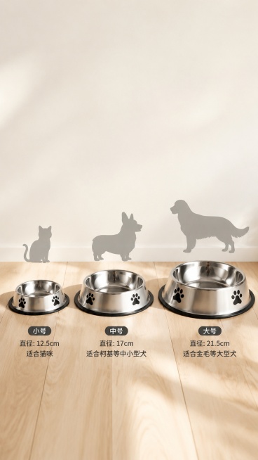 [第8屏] 多规格尺寸展示，产品摄影，三个不同尺寸的银色不锈钢宠物碗，带黑色防滑底、爪印，横向并排摆放，从左到右依次变大，背景是浅原木地板，旁侧对应摆放猫咪、柯基、金毛的简约剪影，暖自然光，清晰展示尺预览效果