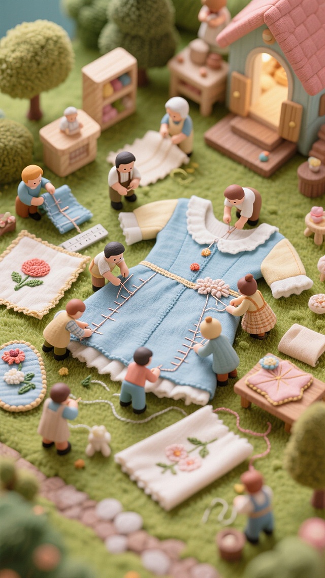 梦幻插画风，微缩艺术展现刺绣场景，清新可爱，仿佛童话中的手工节日。