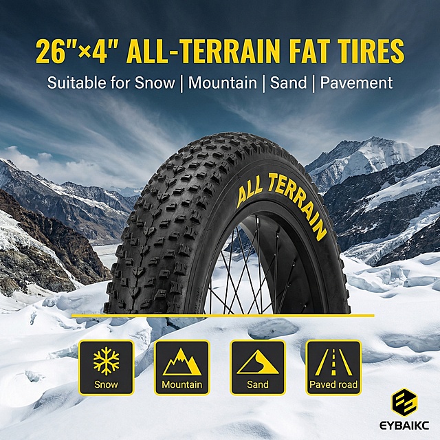 Create a 1:1 ratio Instagram/TikTok/Pinterest story graphic, strictly restore the EYBAIKC 26"×4" fat tire and bike details, keep the black fat tire, yellow "ALL TERRAIN" text, multi-scene road icons (snow, mountain, sand, road) and all product details completely consistent with the uploaded picture. The overall style is wild outdoor adventure style. Main title (bold yellow large font, top center): "26\"×4\" ALL-TERRAIN FAT TIRES". Subtitle (white medium font, below main title): "Suitable for Snow | Mountain | Sand | Pavement". Information layout: Place the bike tire close-up (restore the tire's thick texture and non-slip pattern) in the center of the frame, place the main title and subtitle above the tire, arrange the four road scene icons in a square layout at the bottom of the frame, and stick the EYBAIKC small LOGO at the bottom right corner. Design emphasis: Use a dynamic outdoor background (mixed terrain of mountain and snow), add yellow border lines around the scene icons to enhance recognition, highlight the tire's rough texture and black body contrast, and use a unified text font and layout style to ensure the all-terrain卖点 is visually prominent.