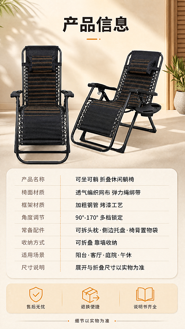 [商品] 使用【图1】作为产品正视与45°侧视主参考，【图4】作为侧边托盘配件参考，【图10】作为椅背结构与置物袋参考（其余参考图仅作结构参考）。完整保留黑色编织椅面＋橙色条纹、弹力绳与金属气眼、X型烤漆钢管框架、防滑脚垫、扶手与调节锁扣、可拆头枕、侧边托盘、椅背置物袋，颜色与材质不得改变，不得虚构部件。
[画面] 目标：规格参数收口与购买安心。构图：上区为同一产品的正视与45°侧视双视角摆拍，暖米杏纯色渐变背景，浅而清晰的落地投影，产品占上部约55%；中区为信息卡式参数表，左右两列字段、细线分隔，字段名用暖灰小字、参数值用深墨黑字，卡片为圆角米色底；下区为通栏服务保障条，三枚琥珀橙线性图标配短标签，底部一条米色收尾条写“细节以实物为准”。景别：产品中全景＋信息卡版面。3层信息层级：背景肌理层、产品层、参数与图标层。
[视觉] 套系策略：风格=国内高端家居实拍质感·暖调午后居家风；标题字=思源黑体加粗；正文字=细黑体；主色=暖米杏#E8DCC8；背景延展=基于暖米杏做深浅层级、暖木纹与亚麻布纹肌理与同色渐变；强调色=琥珀橙#D98A2B，仅用于小面积图标、引线、分隔线与标签；标题色=深墨黑#1E1B18；正文色=暖灰#6E6255；组件=圆角米色参数卡+细线分隔+线性图标；光影=均匀柔和顶侧光，产品轮廓清晰无死黑。
[文字] 全部横向排版。顶部标题“产品信息”；参数字段为：产品名称“可坐可躺 折叠休闲躺椅”、椅面材质“透气编织网布 弹力绳绑带”、框架材质“加粗钢管 烤漆工艺”、角度调节“90°-170° 多档锁定”、常备配件“可拆头枕·侧边托盘·椅背置物袋”、收纳方式“可折叠 靠墙收纳”、适用场景“阳台·客厅·庭院·午休”、尺寸说明“展开与折叠尺寸以实物为准”；底部服务短标“售后无忧”“退换便捷”“说明书齐全”。禁止极限词、禁止虚构检测资质、禁止资质徽章、禁止平台角标与二维码。
[规格] 图片比例9:16竖版，4K分辨率，避免变形、错字、文字过小、参数错乱、产品颜色改变、结构缺失、冷蓝冷灰成为主色、水印与平台角标。