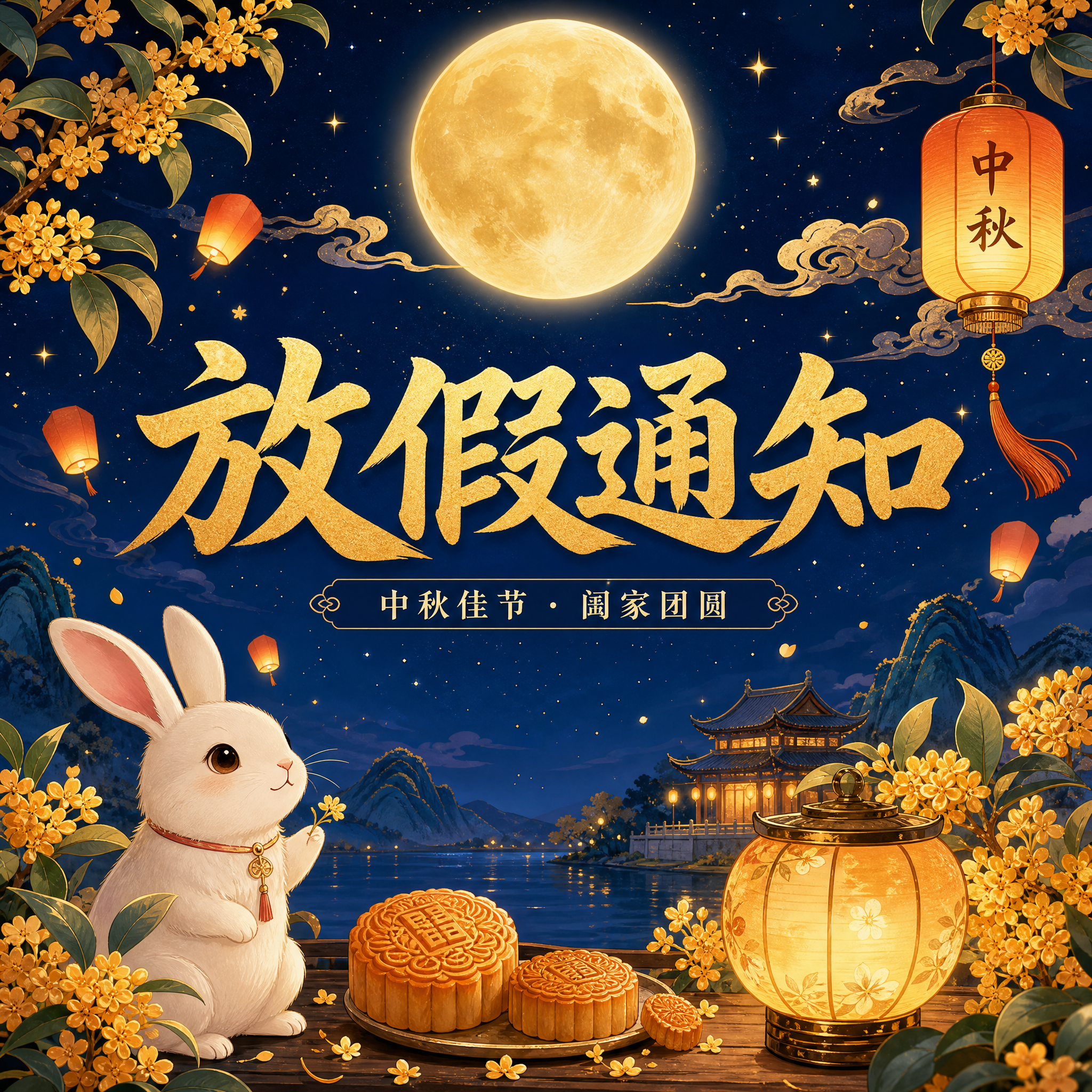 中秋风格的放假通知海报，1:1正方形构图，画面中央有醒目的大字… - 图片创意预览
