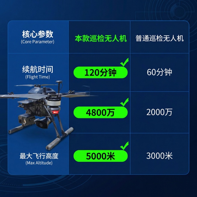 巡检无人机规格对比图，左侧展示本款黑色巡检无人机，右侧列出与普通巡检无人机的核心参数对比：续航时间（120分钟vs60分钟）、摄像头像素（4800万vs2000万）、最大飞行高度（5000米vs300预览效果