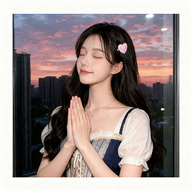参考图片闭眼双手合十许愿动作，粉色爱心发夹，晚霞城市窗外背景，衣服要不同，生成一张全新不同人物的正方形头像，差异化更大，保持黑色长卷发，高清晰