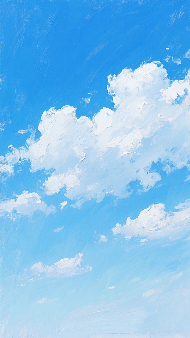 油画风格的蓝天白云，以厚重的油彩笔触绘制，画面呈现从底部柔和的淡蓝色渐变至顶部纯净的深蓝色，散布着形态轻盈、边缘略带模糊的白色云朵，整体色调明亮通透，光影柔和，营造出宁静开阔的氛围，具有油画特有的色彩交融和肌理质感，构图简洁，视觉焦点集中在天空的自然变化，给人以清新舒畅的感觉。
