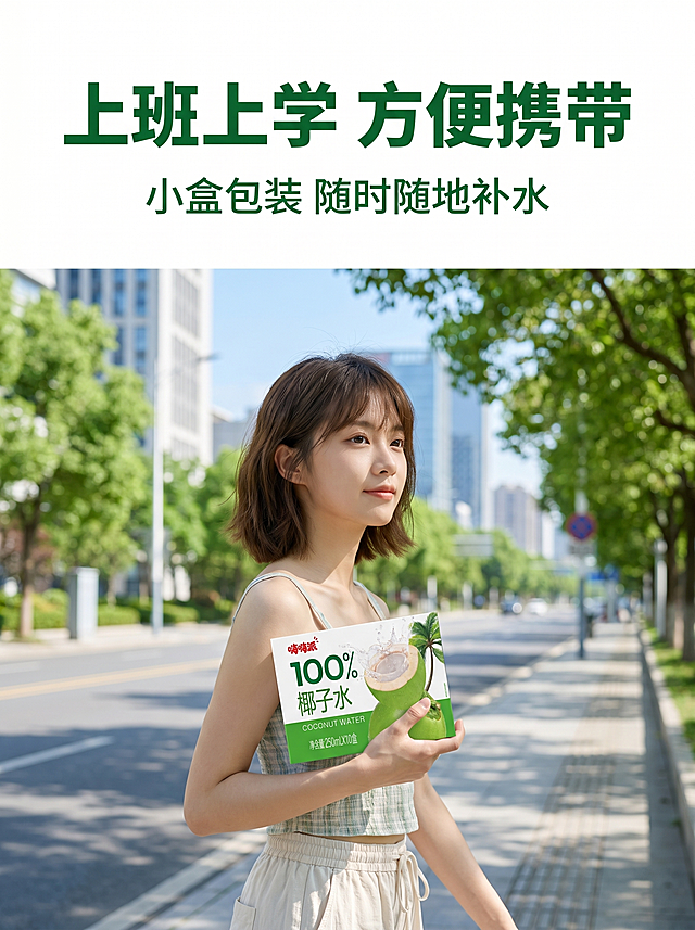 [主图5] 场景体验排版，椰子水便携场景主图，采用上下结构排版变体，上文下图突出场景代入。
[氛围风格] 生活化夏季场景，自然清新；
[画质] 商业摄影质感、光线柔和通透、产品清晰真实、画面干净高级。
[元素] 下半部分展示生活化场景：年轻女孩手持单盒椰子水走在上班路上，背景是干净城市街道，夏季树荫阳光，上半部分预留文字区域。产品包装盒放在画面中心偏下位置，保持产品包装盒外观（物理结构、材质质感、颜色）与输入产品图绝对一致，杜绝任何变形和色差，精细化处理。画面满屏无边框，自然融入场景。
[光影] 夏季树荫自然光，斑驳光影柔和，整体氛围清新自然。
[配色] 街道浅绿树荫搭配浅蓝天色，自然清新，夏季感强烈。
[视角构图] 上文下图上下结构，生活化平视抓拍视角，代入感强。
[文字版式] 上半部分大字标题："上班上学 方便携带"，深绿色粗体居中；小字补充：小盒包装 随时随地补水，字体缩小，同色系居中，文字不遮挡主体产品。
[比例分辨率] 3:4 比例，2k 分辨率；文字清晰可辨，超高清。
[负向提示词] 变形，水印，文字错乱，产品图模糊，背景杂乱，文字遮挡产品。