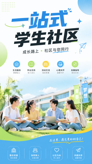 现代风格一站式大学生社区宣传海报，年轻活力设计，包含标题一站式学生社区，简约干净背景，青春校园氛围预览效果