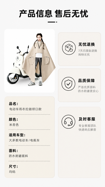[第8屏] 规格参数与售后保障，电动车雨衣拉链领口款。本屏使用【图1】作为产品主体参考。
[氛围/风格] 信息卡风格，简洁清晰，正规可信，电商简约风格。
[元素布局] 产品小图放在画面左上区域，占比约预览效果