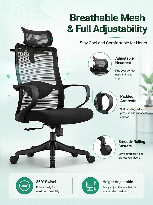 Breathable Mesh Office Chair Material & Adjustable Features Introduction. This screen uses [Image 1] as the product subject.
[Atmosphere/Style] Minimalist tech style, fresh and breathable, commercial photography quality, modern office aesthetic.
[Element Layout] The black ergonomic mesh office chair is placed on the left side of the frame, occupying about 55% of the image; the chair structure, mesh texture, headrest, lumbar cushion, armrests, five-star base, and wheels must be consistent with the input product image. The right side is reserved for text and feature callout areas. Add subtle floating mesh texture particles and airflow lines around the backrest to emphasize breathability. Three circular callout labels with arrows point to: headrest (top), armrest (middle), and base wheels (bottom).
[Lighting Texture] Front soft diffused light, slight backlight to highlight mesh transparency, clear mesh grid texture, soft bottom shadow, smooth matte plastic finish on armrests and base.
[Color Scheme] Global background color #ECFDF5 light mint green gradient; main color dark gray/black chair; accent color #059669 green for highlights and icons; text color #064E3B dark green.
[Perspective Composition] Side view with slight angle, eye-level perspective, product on left, reading flow: top-right title → middle-right feature callouts → left product.
[Text Layout] All text in English. Top-right main title "Breathable Mesh & Full Adjustability", subtitle "Stay Cool and Comfortable for Hours". Three callout labels with arrows pointing to chair parts: "Adjustable Headrest" (pointing to headrest), "Padded Armrests" (pointing to armrest), "Smooth-Rolling Casters" (pointing to wheels). Bottom feature bar with two icons: "360° Swivel" and "Height Adjustable". Text does not obscure the chair body. Clear, readable sans-serif font.
[Aspect Ratio] 3:4 vertical ratio, 4K resolution, clear text, high definition quality.
[Negative Prompt] Deformation, watermark, garbled text, text too small, missing parts, structural errors, color deviation, blurry product image, messy background, Chinese characters.