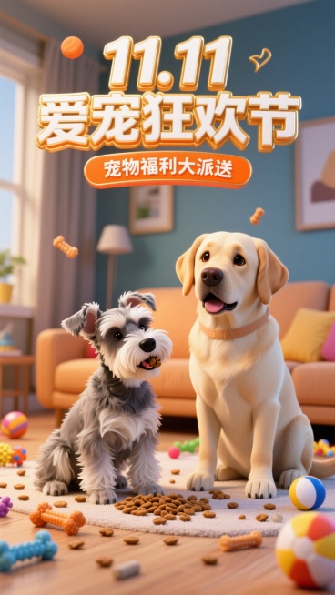 3D卡通风格。顶部（立体鎏金边的白色字标题“11.11爱宠狂欢节”，标题下面的橙色副标题框内写着“宠物福利大派送”）。主体是一只在吃狗粮的雪纳瑞（体型较小）和一只端坐着的拉布拉多。背景是暖色调的客厅，预览效果