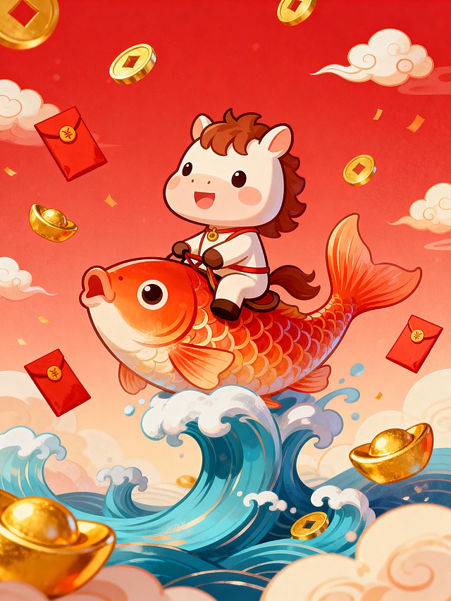 国潮插画风，拟人小马骑锦鲤跃浪，红金配色喜庆热烈，水彩质感搭配鎏金元素，红包金元宝环绕，萌趣十足，年味满满。