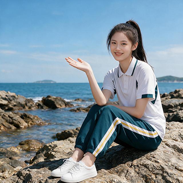 海边礁石群少女全身照，背景、人物、坐姿与构图保持原图完全不变（右侧三分法，左侧留白，人物约占画面四分之一）。仅将右手势改为：右手手掌向外翻开、向侧上方展开，像托举的姿态，五指自然微张，手掌朝上；其余不变。168厘米少女女模特相貌不变（乌黑高马尾，清秀甜美），面带微笑。服装不变：白色短袖polo上衣，衣领白色领面配深青色滚边，白色门襟配白色圆扣，短袖白色袖口末端长方形深墨绿撞色块，肩部深青插肩拼块，衣摆自然下垂；深青色束脚运动长裤，裤腿外侧白黄双色条纹；白色小白鞋。姿态：坐在海边礁石群上，双脚微屈并拢，身体放松自然。背景：海边礁石群，海水在礁石间轻缓涌动，开阔蔚蓝海面、远处海天相接与低矮山丘，柔和日光，通透清新明亮，清新写实风格，高分辨率，细节丰富，自然色彩