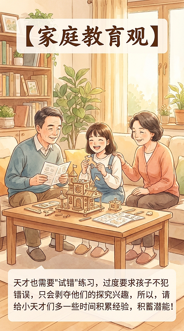 画面上只有一对中年中国父母和一个中国大学生女孩，温馨的家庭场景，图片上方有清晰书写正确的中文大标题"【家庭教育观】"，图片下方有清晰书写正确的中文文案"天才也需要\"试错\"练习，过度要求孩子不犯错误，只会剥夺他们的探究兴趣，所以，请给小天才们多一些时间积累经验，积蓄潜能!"，文字书写清晰正确，整体风格温暖治愈