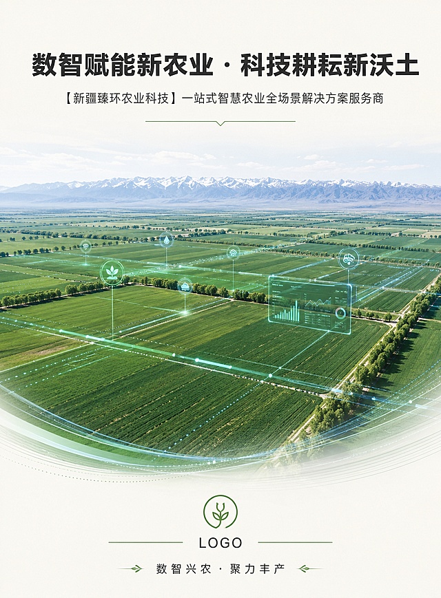 极简商务科技风智慧农业宣传画册封面，整版是新疆智慧大田的航拍实景图，叠加悬浮科技网格数据流，整体风格极简商务科技风，实景图为主，科技线条为辅，主色调是生态墨绿、嫩禾绿点缀浅青蓝，底色米白，文字深炭灰。画面底部居中预留LOGO位置，主标题大号粗体“数智赋能新农业 · 科技耕耘新沃土”，副标题中号细体“【新疆臻环农业科技】一站式智慧农业全场景解决方案服务商”，底部落款小字“数智兴农 · 聚力丰产”，排版精美，四边留足安全边距，文字清晰可读，主副标题和落款文字完整展示，整体协调高端专业。