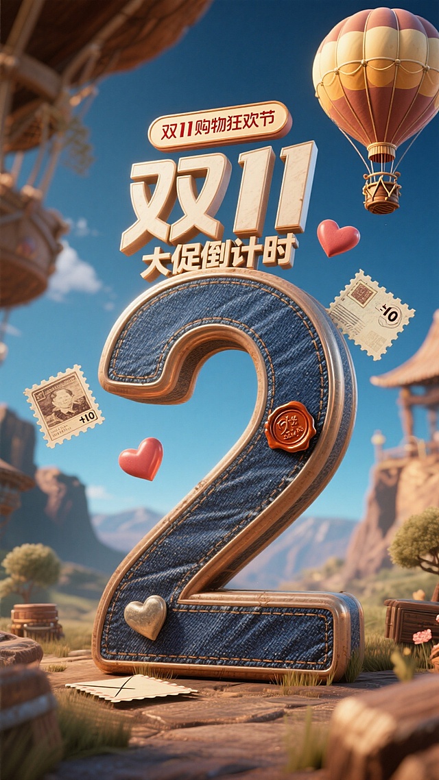 巨型牛仔质感数字“2”，顶部设置 “双11购物狂欢节” 标签，搭配 “大促倒计时 ”文字，蓝棕色调，融入热气球、邮票、火漆、爱心等装饰元素，整体营造紧迫的促销倒计时氛围