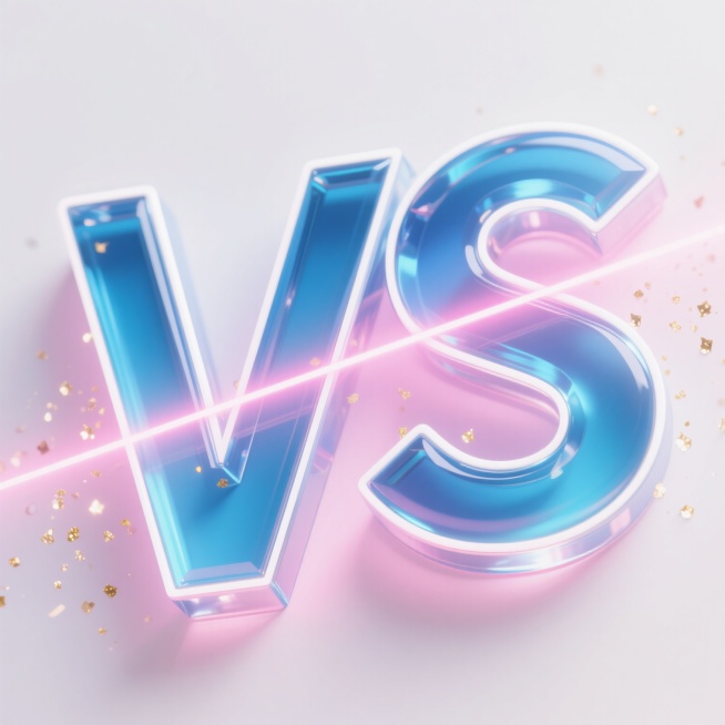 白色背景，3D立体效果的“VS”英文字母，金属质感的蓝色渐变字体，边缘有白色高光勾勒，字体内部呈现透明水晶般的光泽，字母周围环绕着柔和的粉色光晕，光晕中点缀着细小的金色闪光粒子，一条斜向的粉色光线从字母后方穿过，光线边缘有轻微的模糊效果，整体光影明亮柔和，营造出梦幻而竞技的氛围。预览效果