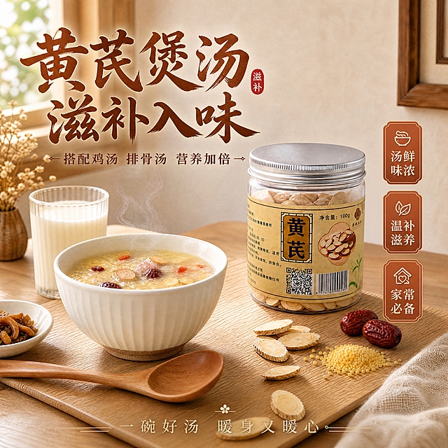 在这张黄芪煲汤炖煮场景图的基础上，添加精美海报文案与版式设计，形成完整的商品营销海报。

【产品保真】黄芪罐装产品100%还原上传商品图的产品外形、包装、LOGO、印刷文字、净含量，以上传图为唯一商品主体来源，完整保留原图中的罐型、轮廓、结构、比例、金属瓶盖、标签版式、黄芪字样、净含量100g、二维码、条形码、材质质感、颜色与正面朝向，包装、配色、产品结构与标签布局均与上传图保持一致；设计仅作用于背景、光影、道具、版式和文字区；商品主体保持清晰完整，文字不遮挡主体。

【文案锁定，必须完整呈现在画面中】
主标题："黄芪煲汤 滋补入味"
副标题："搭配鸡汤 排骨汤 营养加倍"
卖点标签（3条）："汤鲜味浓"、"温补滋养"、"家常必备"
装饰短句："一碗好汤 暖身又暖心"

【版式设计】
- 主标题置于画面左上方，新中式书法风格大字，深陶土棕色，醒目大气
- 副标题在主标题下方，小号宋体，暖棕色
- 3个卖点标签以竖排或横向小卡片形式分布在画面右侧空白处，陶土色底米白字
- 装饰短句置于画面底部，居中，纤细字体
- 整体排版精美，留白舒适，文案不遮挡产品与砂锅主体
- 四边留足安全边距，文字清晰可读

【风格】中式家常烟火气，写实商业摄影基底 + 精致文字排版
【氛围】暖黄厨房灯光，烟火气与养生感兼具，画面温暖有质感

画面中所有信息区域必须填充完整合理的内容，不得出现空白框、空白占位、横线待填写区域。
严格锁定宽高比为1:1。