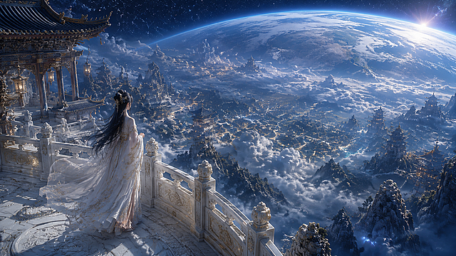 宇宙云海天宫秘境，云海之上的东方仙宫，史诗级中式仙侠美学场景，极繁主义细节，极致高角度空间俯瞰感，兼具恢弘仙气与空灵孤寂感，高角度俯瞰构图，以白玉平台与地球云海为引导线，强化从近景女子到远景宇宙的多层级空间延伸感，打造天宫望地球的史诗透视效果，画面近景的白玉平台上，身着素白镶金古装的女子凭栏而立，长发垂落，衣袂随风轻扬，目光望向云海与地球的方向，平台旁的青瓦古殿雕工繁复，尽显天宫的圣洁庄严，画面中央的云海翻涌，下方的城市灯火点点，山峰隐现，云海与星空连成一片，尽显地球的壮丽景象，深邃的宇宙天际，地球的轮廓清晰可见，阳光穿透云层洒下柔光，云海与星空交相辉映，通过平台的引导、建筑的分布、光影的明暗对比，极致放大场景的宇宙级恢弘感与空灵氛围，古殿的飞檐斗拱、雕花梁枋、青瓦质感，白玉平台的纹理与雕刻，栏杆的细节，细节可放大赏析，云海的蓬松流动效果、城市灯火的微光、古装女子的衣袂褶皱与发丝动态、地球的光影与轮廓，微观层次饱满，近实远虚、冷调为主，近景平台与人物在柔光下细节清晰，中景云海与城市泛着朦胧冷光，远景地球与星空泛着幽蓝光晕，通过明暗对比与虚实渐变强化宇宙仙侠感，整体光影层次丰富，氛围感拉满，建筑的木质与石材质感、白玉平台的温润光泽、云海的朦胧流动感、衣料的轻盈飘逸感，8K超写实渲染，极致细节质感，中式仙侠美学，宇宙史诗，极繁主义构图，秩序井然的元素堆叠，通过高角度空间俯瞰感与光影打造极致恢弘空灵感，UE5渲染，8K超清，电影级调色，景深效果，HDR，禁止西方建筑元素、现代科技、畸形结构、模糊纹理、杂乱色彩、过曝/死黑区域，禁止人物出现畸形肢体，禁止破坏空间纵深感的平面化构图