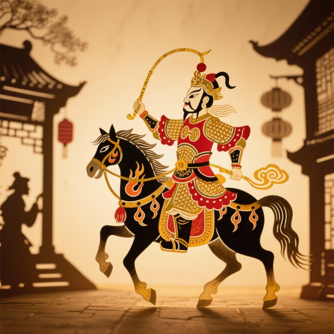 主体是威风凛凛的门神形象，身穿红金甲胄，手持金色长鞭，骑在一匹装饰火焰纹与祥云的黑色骏马上。骏马呈奔腾姿态，气势十足。背景为棕黄色，带有古代街道剪影，整体呈现庄严、守护、镇宅的春节氛围。预览效果