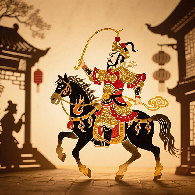 主体是威风凛凛的门神形象，身穿红金甲胄，手持金色长鞭，骑在一匹装饰火焰纹与祥云的黑色骏马上。骏马呈奔腾姿态，气势十足。背景为棕黄色，带有古代街道剪影，整体呈现庄严、守护、镇宅的春节氛围。