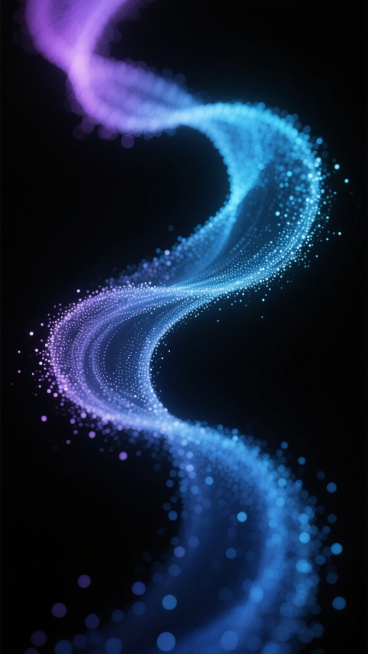 粒子艺术风格，画面主体为从左上向右下流动的动态粒子流，粒子密度由疏到密再到疏自然过渡，单个粒子具有微小光斑效果和细腻的半透明质感，整体呈现优雅的曲线运动轨迹。背景为深邃的纯黑色，粒子颜色改为清新的蓝紫色调，从左上角的浅薰衣草紫逐渐过渡到中间的明亮天蓝色，再到右下角的深邃靛蓝色，色彩渐变自然和谐，粒子间保持适当留白以突出流动感和空间层次，整体营造出梦幻、宁静且富有科技感的氛围。预览效果